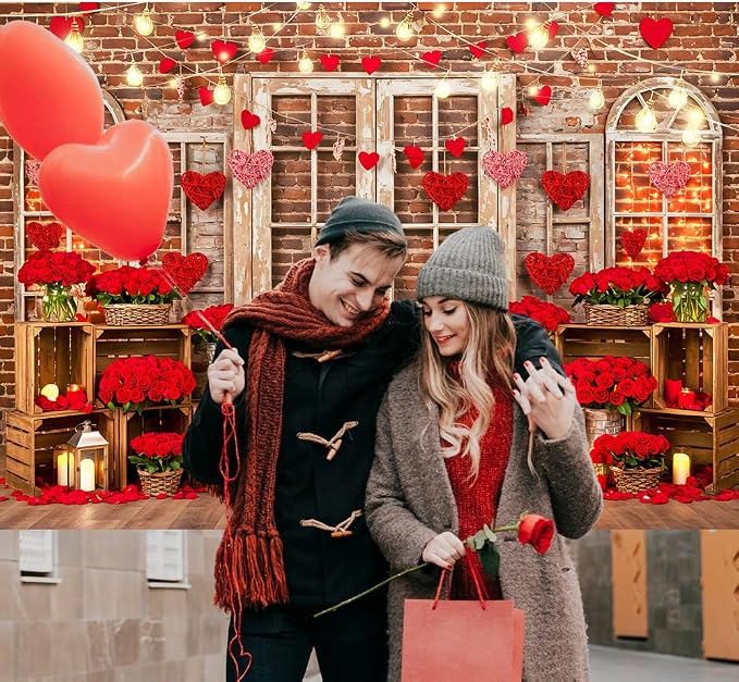 Red Rose Brick Wall Backdrop 7x5ft Romantic Love Theme Anniversary Backdrop Banner Vintage Door Window Light Decor for Engagement Wedding Couples Date Night Party Photo Booth Props (82x59inch)