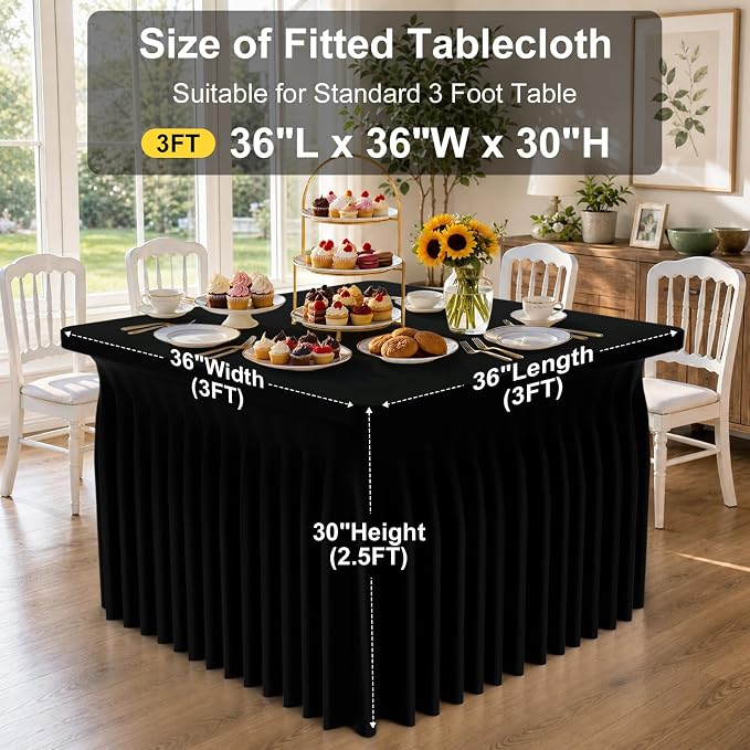 Smiry Spandex Tablecloth, Elastic Fitted Stretch Tablecloth for 3FT Rectangle Tables, Waterproof Washable Table Cover Skirt for Outdoor, Wedding, Banquet & Parties (Black, 36Lx36Wx30H Inch)