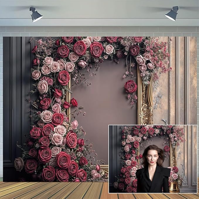6X4ft Retro Wall Wedding Backdrops Frame Style Pink Red Rose Flowers Purple Wall Background Medieval Interior European Style Photo Background Bridal Birthday Girls Women Decoration Backdrop