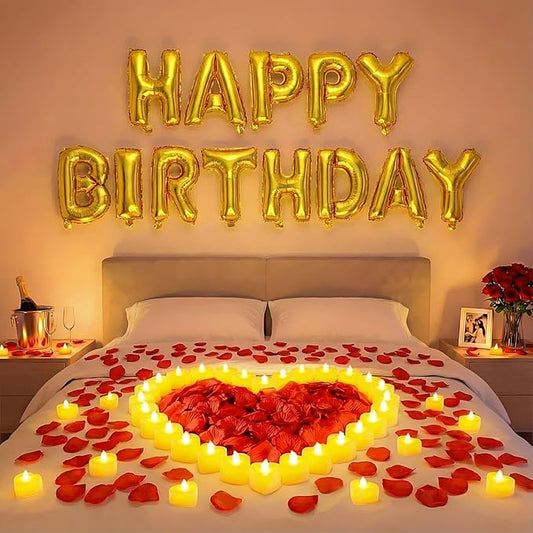 Red and Gold Happy Birthday Balloons Decorations Happy Birthday Letter Balloons Banner Set 24pcs Heart Flameless LED Candles 2000pcs Artificial Rose Petals for Women Men Room Party Decor