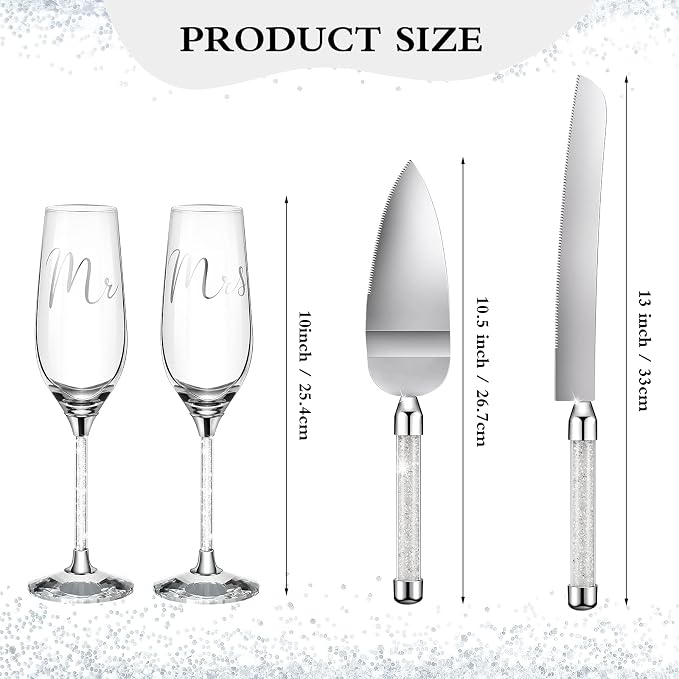Boao 4 Piece Wedding Cake Knife and Champagne Flutes Server Set Mr and Mrs Toasting Flutes Crystal Rhinestone Cake Cutting Set for Bride and Groom Wedding Engagement Bridal Shower Gifts(Silver)