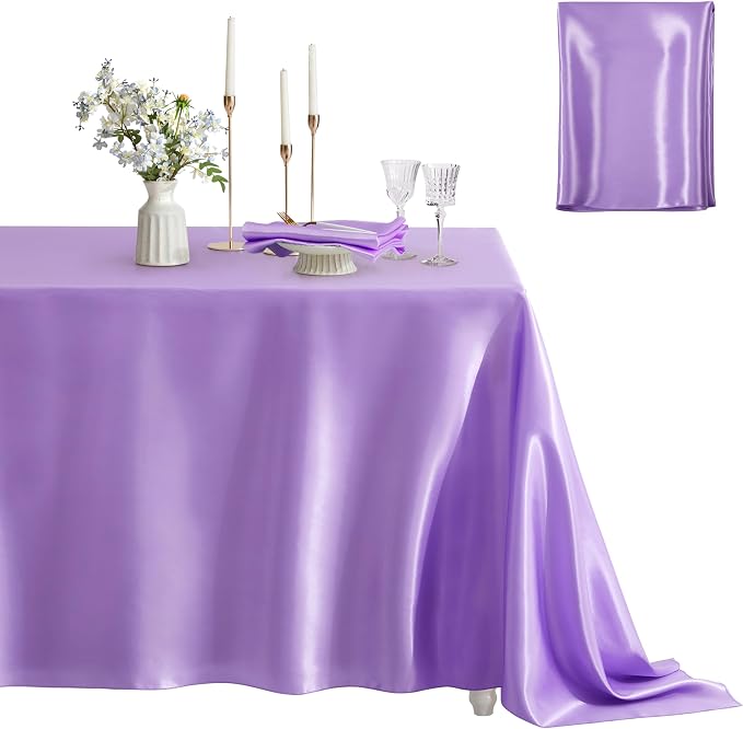 1 Pack Satin Table Cover Silkly Soft Table Cloth, Satin Dining Table Cloths for Wedding Banquet Table Decoration, Dining Room, Indoor and Outdoor Use, 60 x 120 Inches, Light Purple
