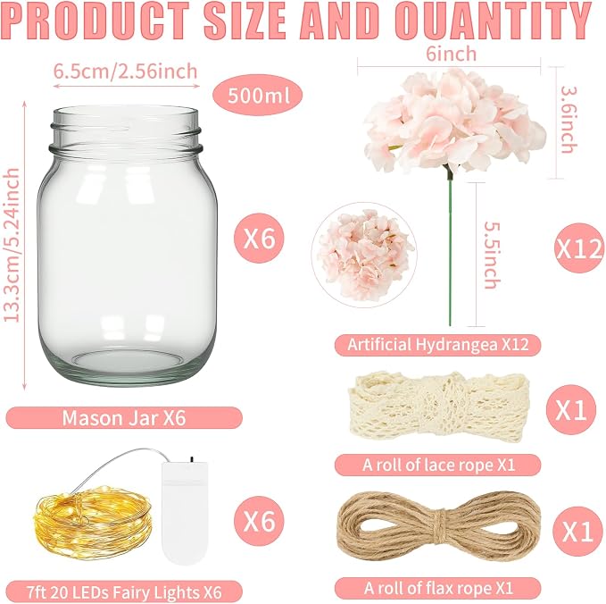 Mason Jar Table Centerpiece Set of 3 with Lights Pink Hydrangea artificial Flowers for Engagement Party Bridal Shower Centerpieces Wedding Christmas Thanksgiving Party Reception Table Decor