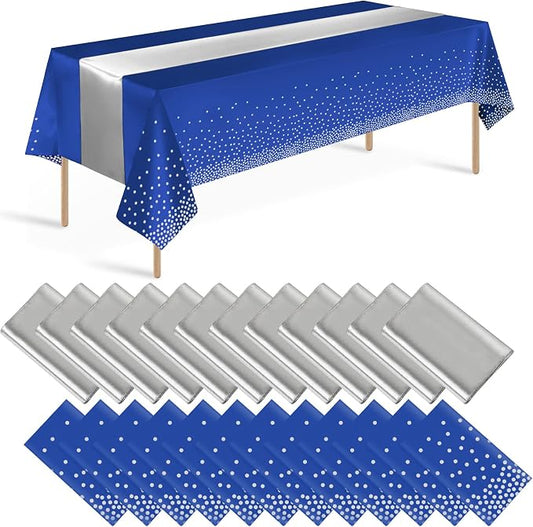 24 Pack Blue and Silver Tablecloth and Table Runner Party Decorations, Blue and Silver Plastic Disposable Tablecloth and Satin Table Runner for Wedding Birthday Bridal Graduation Anniversary Party