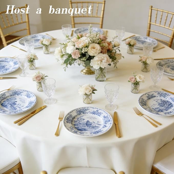 WIGENIUS 6 Pack Ivory Table Cloth Round Tablecloths 90 Inch,Polyester Table Cloth for 5 Foot Round Tables,Wrinkle Resistant Washable Fabric Table Covers for Party,Wedding Banquet