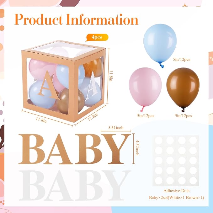 Zhanmai Baby Boxes for Bear Baby Shower Decoration with 4 Letters 36 Balloons 4pcs Transparent Clear Balloon Box Blocks for Boy Girl Balloon Boxes Gender Reveal Party Favors(Khaki,Blue, Pink)