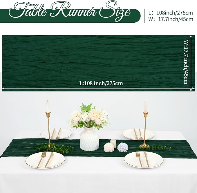 10 Pack Cheesecloth Table Runner 17 x 108 inch Long Boho Gauze Table Runners Semi Sheer Table Runner for Wedding Decor, Baby Shower, Birthday Party, Banquet (Emerald Green)