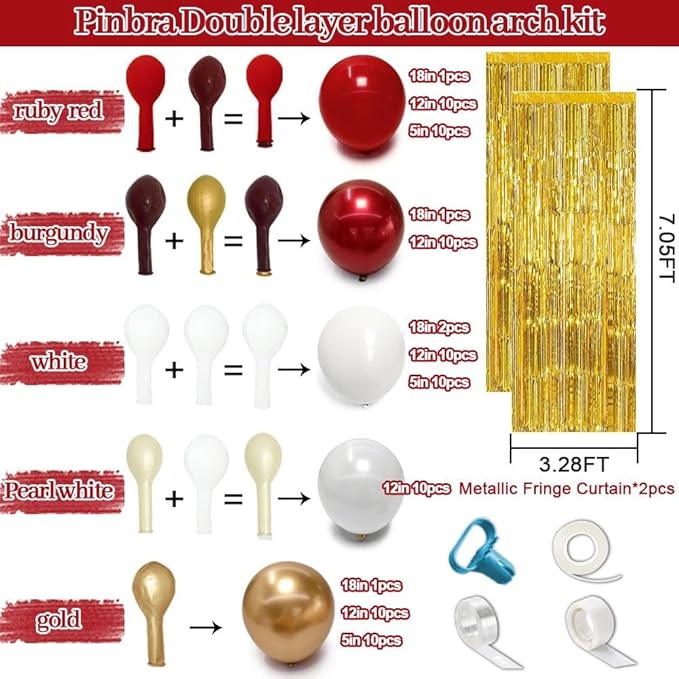 Red White Gold Balloon Arch Double Stuffed Burgundy Red Gold Pearl White Balloon Garland Kit Wine Latex Balloons for Mother's Day Birthday Wedding Engagement Graudation Party Decorations