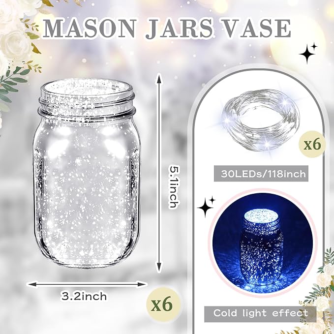 Layhit 6 Pcs Painted Mason Jars Colored Painted Mason Jars Centerpiece for Table with 6 Pcs 9.84 ft 30 LED Operated Fairy Lights for Wedding (Silver)