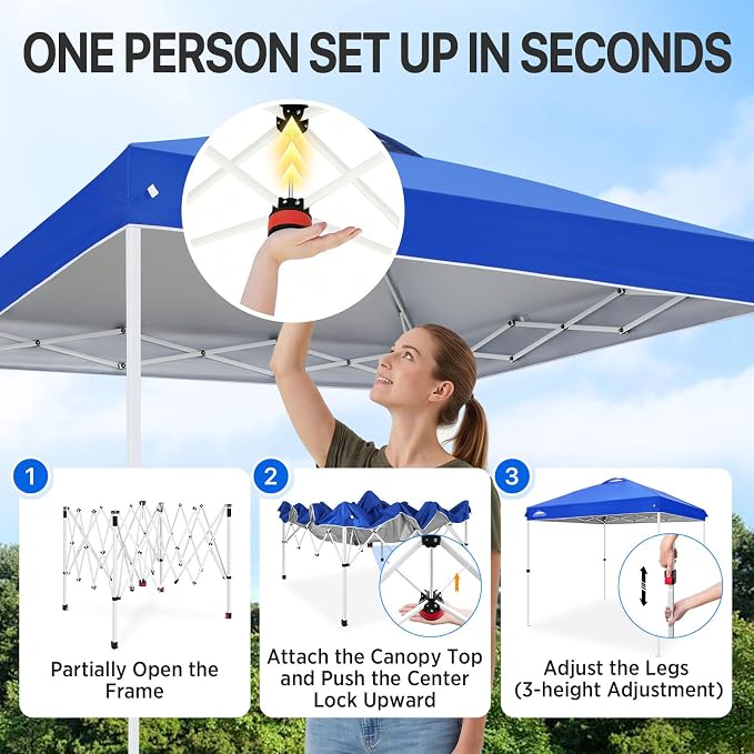 EAGLE PEAK Pop Up Canopy Tent with Wheeled Carry Bag, 8 Stakes, 4 Ropes, Easy Set Up Tent Canopy, 8x8 ft, Blue