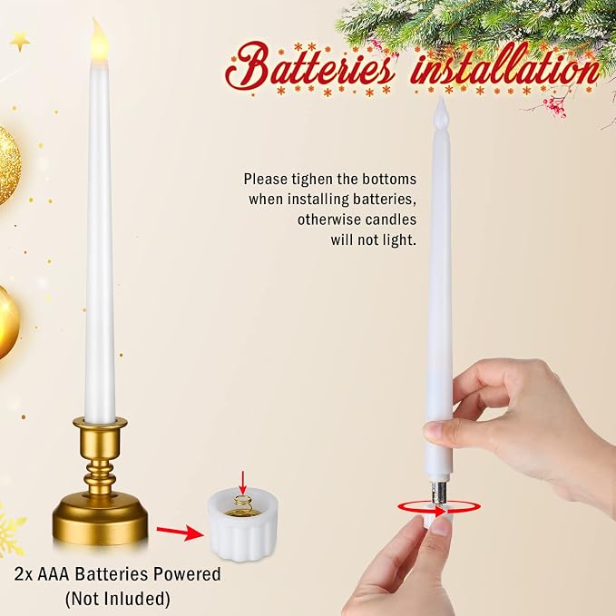 Fumete 16 Pcs Flameless Candles with Gold Base Battery Powered Taper White Candles Battery Operated LED Candlesticks for Party Home Dinner Decorations