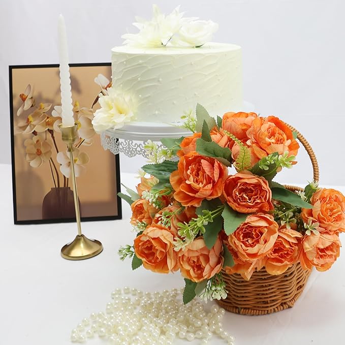 12 Packs Fall Peonies Artificial Flowers, Faux Peony Bouquet Silk Peonies Flowers for Centerpiece Table Wedding Party Home Decor (Orange)