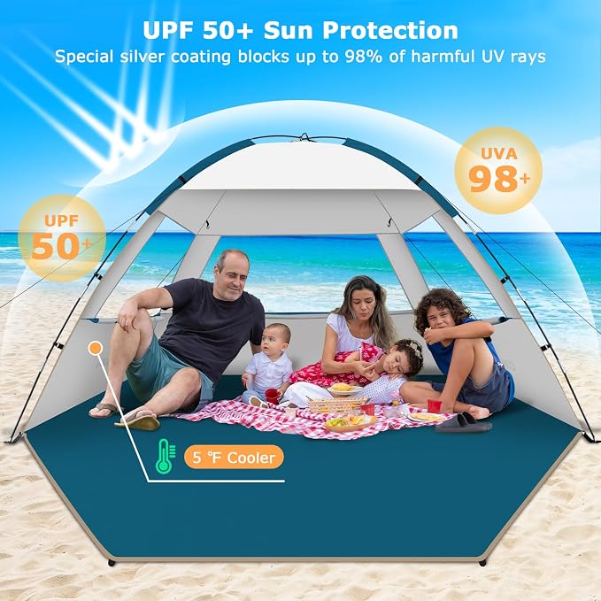 COMMOUDS Beach Tent Sun Shelter for 3/4/6/8 Person, UPF 50+ UV Protection Beach Shade Canopy Tent, Lightweight, Easy Set Up and Carry
