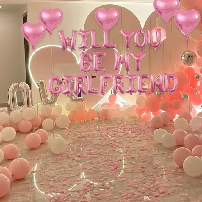 2 Set Pink Will You Be My Girlfriend Balloons - 42pcs 16" Letter Balloons 1200pcs Pink Artificial Rose Petals 10pcs 18" Heart Balloon Alphabet Foil Mylar Balloon for Valentines Day Decorations