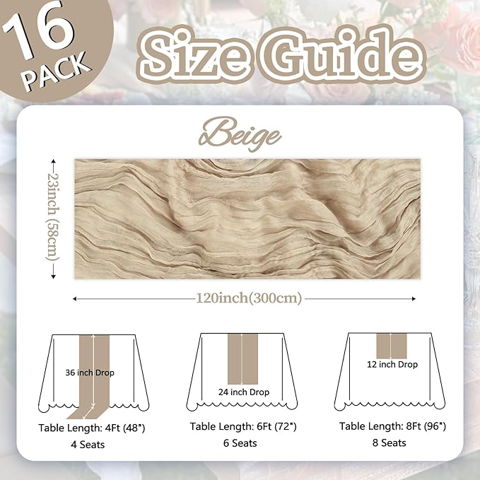 16 Pack Beige Cheesecloth Table Runner 10ft Boho Gauze Fabric 120 Inch Cheese Cloth Table Runner Rustic Sheer for Holiday Baby Shower Party Décor Home Wedding Decoration
