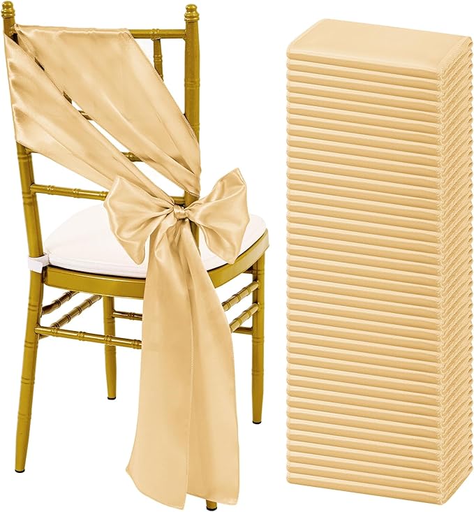60 PCS Champagne Satin Chair Sashes, Ties Bows Designed Sashes for Washable Reusable Chair Covers Supplies for Wedding Reception Events Banquets Party Hotel Event Aisle Decorations (7 x 108 inch)