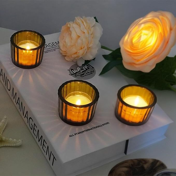 GOLDEAL Amber Tealight Candle Holder,Set of 24 Thick Glass,Tea Light Holders Bulk,Votive Candle Holders,for Wedding Table Decor,Party Supplies,Bridal/Baby Shower Decorations,Centerpieces for Tables