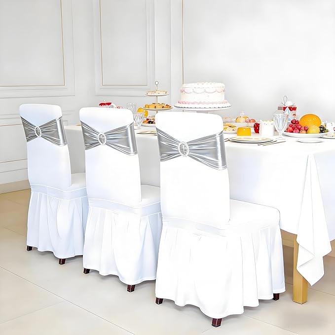 SquarePie 50 PCS Metallic Silver Spandex Chair Sashes - Shiny Stretch Bows with Buckle Slider - No-Tie Universal Elastic Chair Bands for Wedding Reception Party Banquet Event