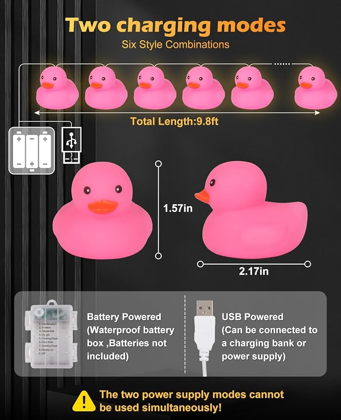 AceList Pink Rubber Ducks String Lights, 20 LED Valentines Rubber Duck Can Squeezable and Sound-Enabled, Jeep Ducks for Ducking Kids Room, Party, Proposal, Wedding, Baby Shower