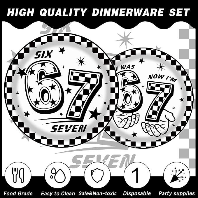 170Pcs 6 7 Birthday Decorations,White and Black Checkered I Was 6 Now I'm 7 Seven Birthday Theme Party Tableware Set Plates Napkins Cups Banner Tablecloth Tableware