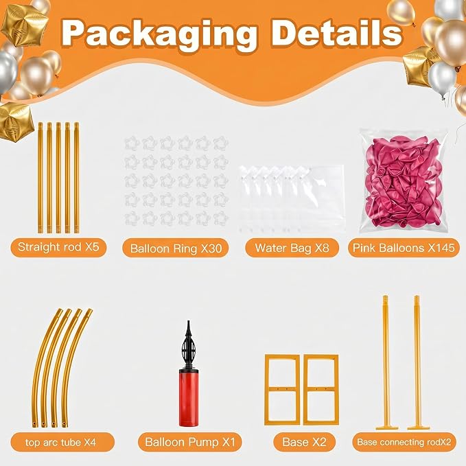 Balloon Arch Stand Kit Set with 145PCS Different Sizes Pink Balloons – Metal Wedding Backdrop Frame with 8 Water Bags, Gold Semi-Open Arch for Birthday, Baby Shower, Bridal Shower Decorations.