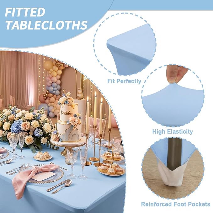 Fixwal 3 Pack Light Blue Tablecloth Rectangle 6Ft, Stretch Spandex Fitted Table Cover for Party, Trade Show, Wedding, Buffet, Graduation, Vendor Stand