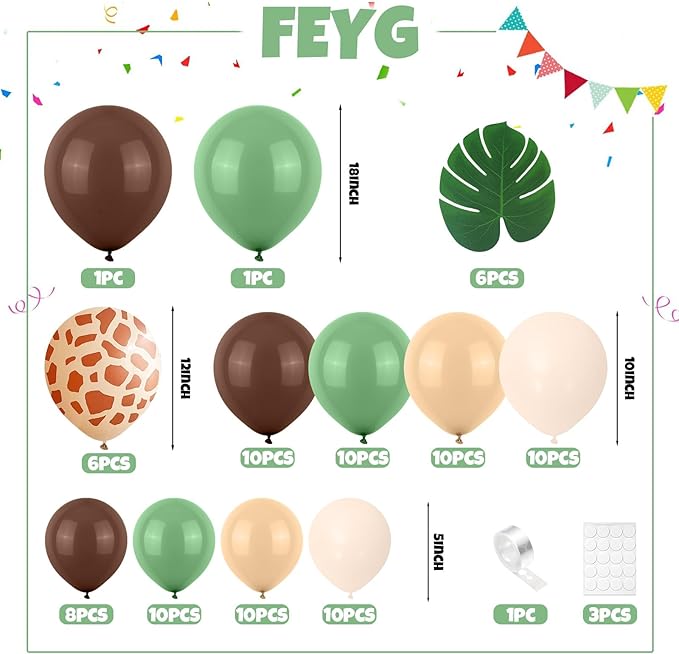 Sage Green Brown Balloon Arch Kit, Safari Balloons Arch with Olive Green Gold Animal Print Balloons Dark Brown Coffee Nude Balloon for Jungle Safari Wild Birthday Baby Shower Party Decoration
