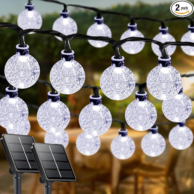 LORRYTE White 2-Pack 100 LED 64FT Crystal Globe Solar Lights Outdoor, Waterproof Solar String Lights Outdoor Decorative with 8 Lighting Modes for Patio Decorations Garden Wedding Party Tree Porch