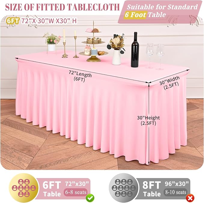 fani 6 Packs Pink Stretch Table Skirts for 6 Foot Rectangle Table, Washable Spandex Stretch Tablecloths with Skirt, Wrinkle Resistant Fitted Tablecover for Wedding Party Banquet