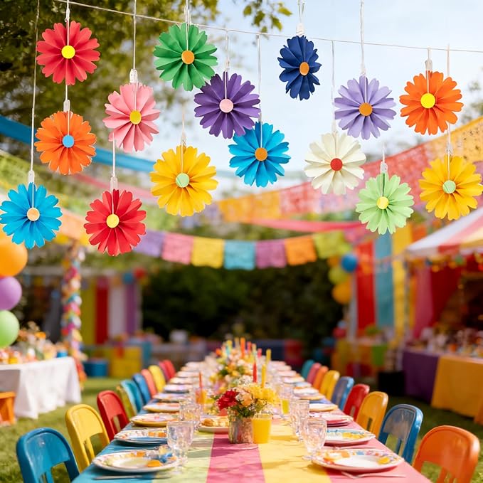 SUNBEAUTY 15PCS Cinco de Mayo Decorations Fiesta Paper Fans Party Decorations Paper Flowers for Wall Reusable Mexican Paper Flowers Hanging Paper Floral for Girls Women Birthday