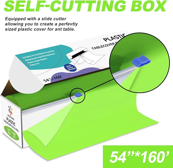 54IN X 160FT Plastic Table Cover Roll with Cutter Box, Cut to Size Plastic Table Cloths for Parties, Birthday, Disposable Tablecloth Roll for All Shape Tables (Lime Green, 54 Inch X 160 Feet)
