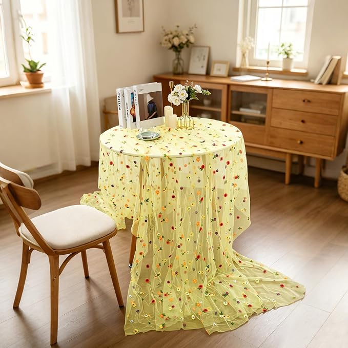 BINBE 12pcs Daisy Spring Table Runner Embroidery Gauze 10FT Florals Seasonal Tulle Holiday Birthday Kitchen Dining Table Decor for Home Party Yellow