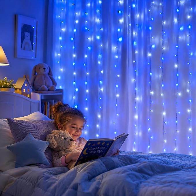 HEYFUNi Fairy Curtain Lights Plug in, 304 LED 9.8FT x 9.8FT, Blue & White | 8 Modes Backdrop Window Lights for Bedroom, Hanging String Lights for Christmas, Party, Patio, Lawn, Garden, Wedding Decor
