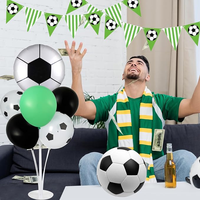 Soccer party Balloons Stand Kit 2 Sets with 2 Soccer Foil Balloons Arch Kit Green White Black Themed Centerpiece for Tables for 2026 World Men Boys Football Game Sports Birthday Party Decorations