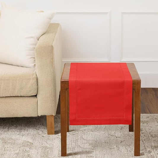 Solino Home Cotton Linen Table Runner 36 Inches - Poppy Red Hemstitch Table Runner 14 x 36 Inch Ideal for Dresser and Coffee Tables, Mothers Day, Memorial Day