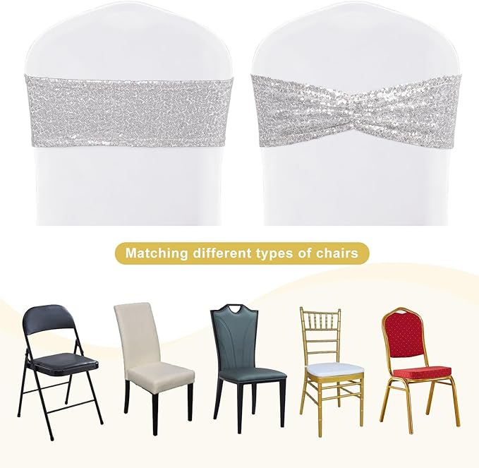 SquarePie Pack of 10 Sequin Chair Sashes Silver Sparkling Bands Decorative Bows for Wedding Banquet Party Event Decor
