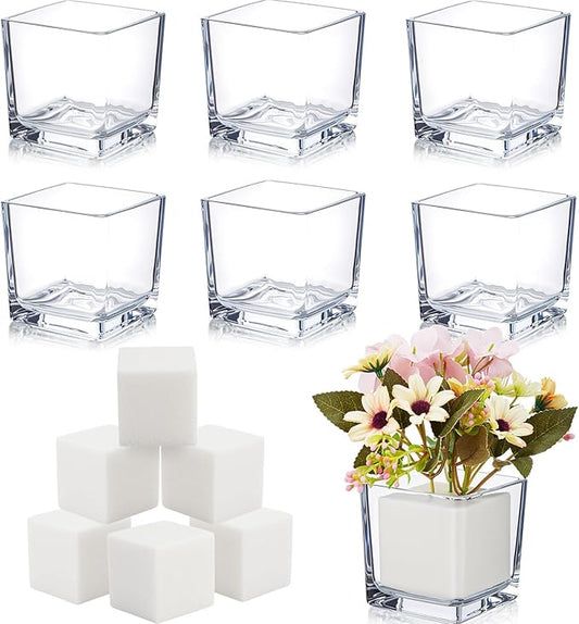 Yerliker 6 Pack Square Glass Vases 3" x 3" x 3" Clear Square vases for centerpieces Small Flower Vase Cube Bulk with Floral Foam Blocks Suitable for Wedding Home Party Halloween Christmas Decoration