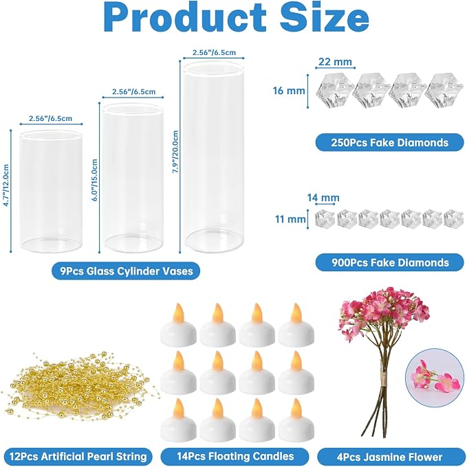 9 Set Cylinder Glass Vases with 14 Floating Candles 1150 Vase Filler 12 Pearl String, 4,6,8 Inch Tall Clear Hurricane Glass Candle Holder for Party Wedding Home Decor Centerpieces for Table Decoration