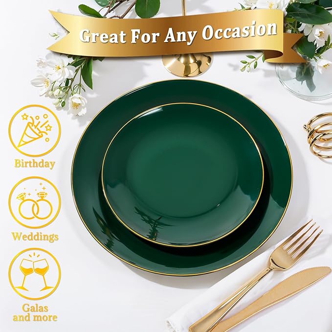 Nervure 100Pcs Green and Gold Plastic Plates - 7.5inch Disposable Green Dessert/Salad Plates - Heavy Duty Plastic Plate Ideal for Wedding & Party