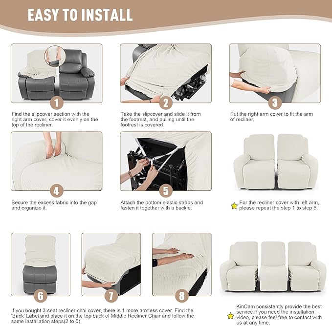 KinCam Recliner Covers, Stretch Reclining Chair Covers, Recliner Sofa Slipcovers Stripe Jacquard Recliner Couch Covers Furniture Protector Covers for Pet Kid (3 Seater, Cream)