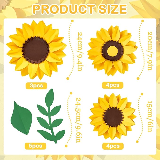 SUNBEAUTY Sunflower Paper Flower Decorations for Wall Giant Artificial Sunflowers Classroom Decor Spring Summer Bulletin Board Decoration Large 3D Paper Flowers Wall Decor for Wedding Baby Shower