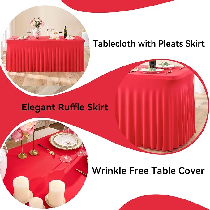 2 pk Red Spandex Tablecloth 6ft with Ruffle Skirt,Wrinkle Free High Stretchy Fitted Tablecloths for 6 Foot Rectangle Tables,Pleated Spandex Table Covers 6ft for Christmas Parties Banquet Weddings