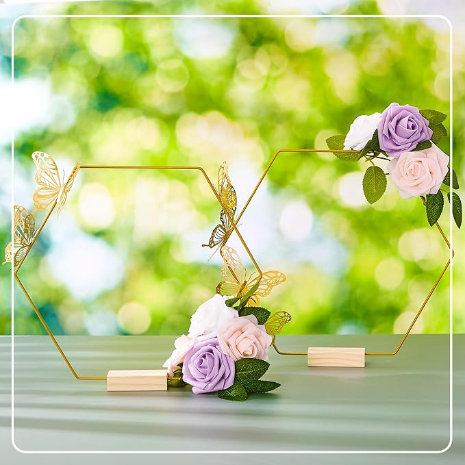 Vercraft 12 Set butterfly Metal Floral Hoop Table Centerpieces Include Metal Ring with Base 3D Butterfly Decoration, PE Foam Flower, Adhesive Dots, Gold Wires for DIY Wedding Baptism Party(Hexagon)
