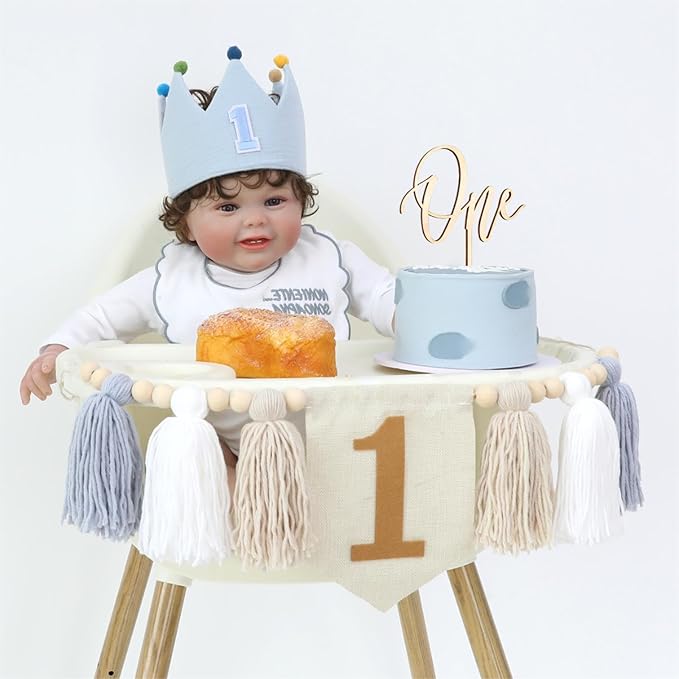 Blue Baby Boy 1st High Chair Banner Wood Bead Tassel Garland Crown Hat Wooden Cake Topper Birthday Party Decorations