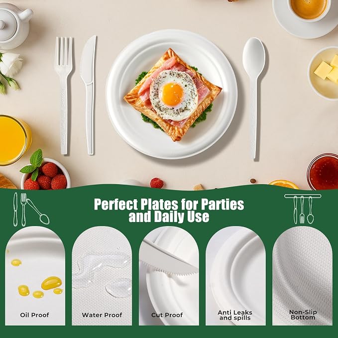 250 Pcs Biodegradable Paper Plates Set Disposable Dinnerware | Eco Friendly Compostable, Extra Long Utensils, Includes Forks, Knives & Spoons, For Party & Birthday, Camping
