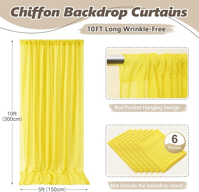 30ft x 10ft Yellow Backdrop Curtain Drapes, Wrinkle-Free Sheer Chiffon Fabric Photo Backgroud Panels for Wedding Arch Party Ceremony Stage Photography Decoration