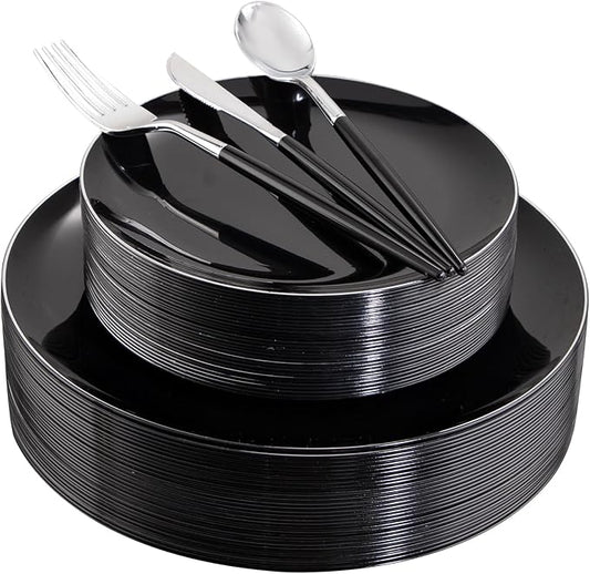 DaYammi 30 Guests Black Plastic Plates with Disposable Silverware,Silver Cutlery with Black Handle,Silver Disposable Dinnerware:60 Dinner/Dessert Plates,90 Plastic Silverware Set for Party Wedding