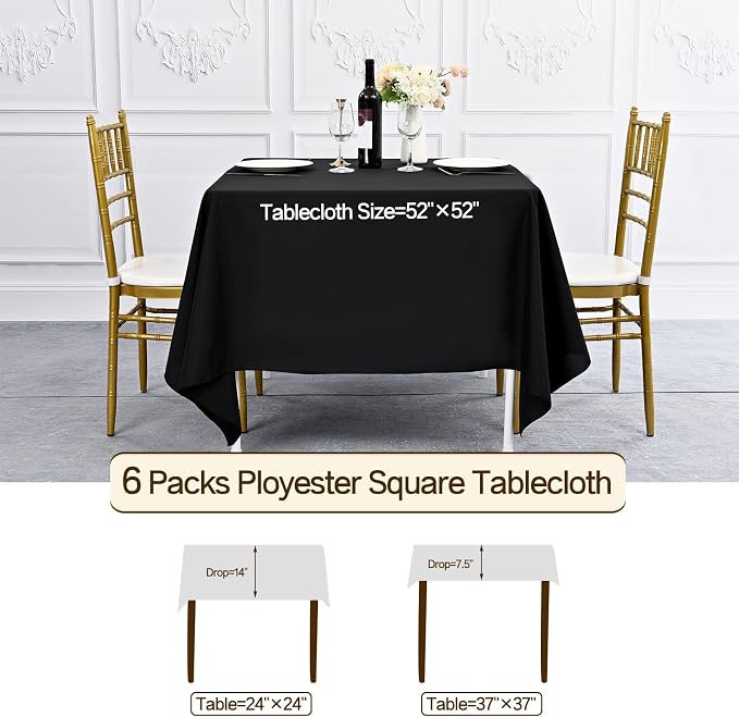 Pesonlook 6 Pack Black Square Tablecloth, 52x52Inch Polyester Table Cover, Washable for Buffet/Wedding/Party