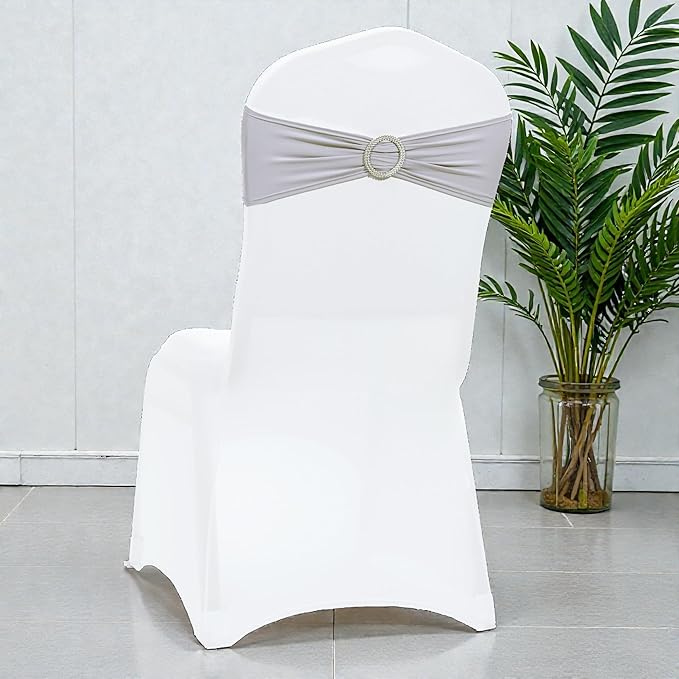 VDS - Light Silver | Spandex Chair Sashes Bows | 50 PCS | Stretch Elastic Banquet Universal Folding Chair Band Tie with Silver Buckle Slider for Wedding Party Conference Celebration Event Decoration
