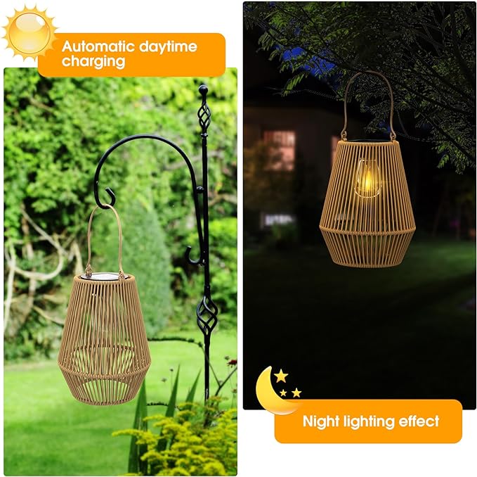Solar Lanterns Outdoor Waterproof, KagoLing Solar Lanterns Outdoor Gifts for Women Mom Grandma Hanging Solar Lights Outdoor Handwoven Rattan Garden Decor for Outside, Patio, Yard, Porch, Lawn, 1 Pack